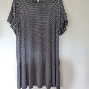 Black and white stripe ruffle sleeve swing dress